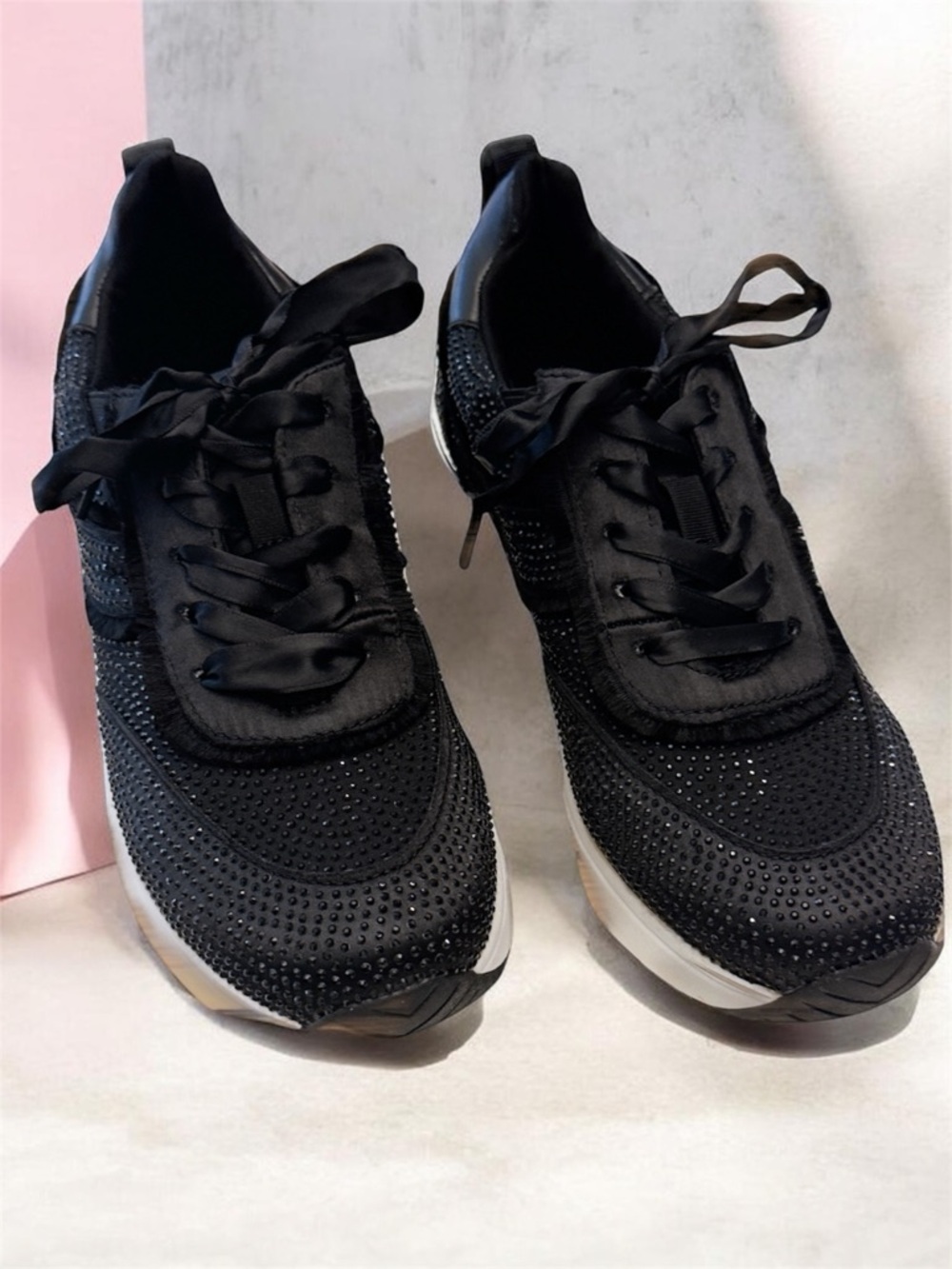 Kenneth Cole Reaction Black Rhinestone Knit Sneakers with Satin Laces